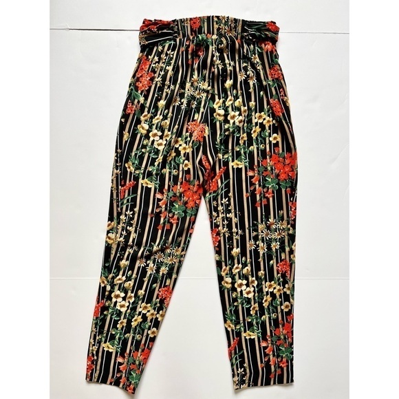 Zara Pants Trousers Striped and Floral Print Cropped Bow at Waist Sz XS - Picture 9 of 11